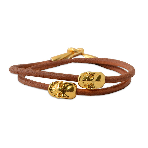 Leather Gold Skull Double Wrap Bracelet