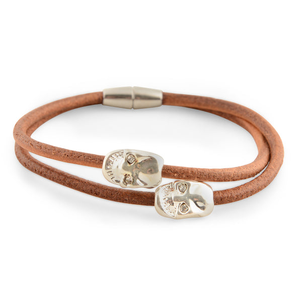 Leather Silver Skull Double Wrap Bracelet