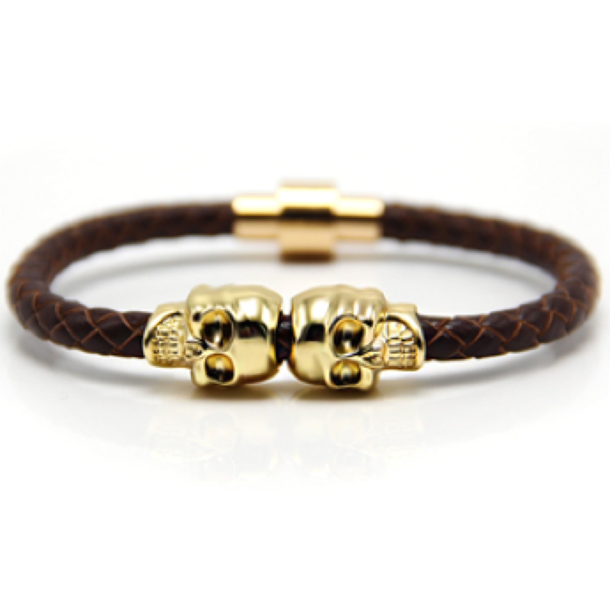 Dark Brown Nappa Leather Gold Twin Skull Bracelet