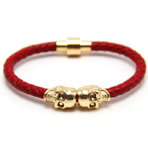 Red Nappa Leather Gold Twin Skull Bracelet