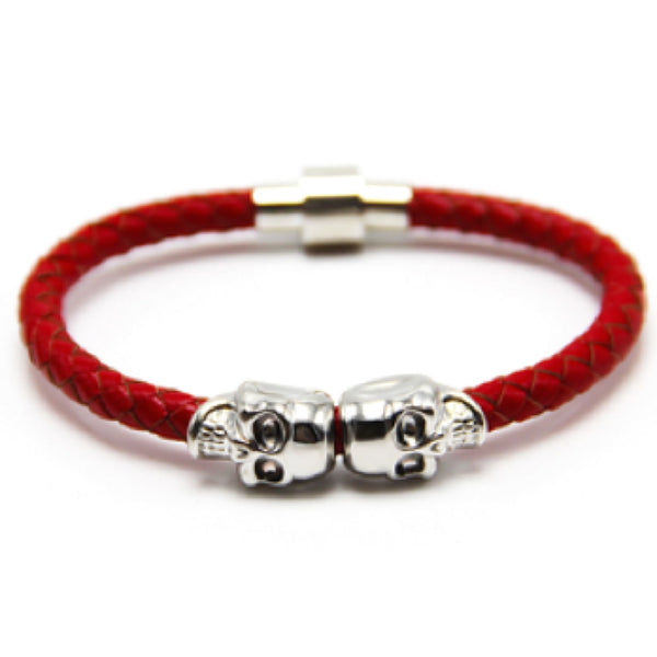 Red Nappa Leather Silver Twin Skull Bracelet